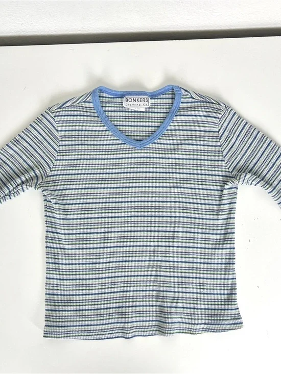 Vintage Y2K Blue and White Striped Crop Top 2000s Ribbed Knit Cropped Baby Tee - Picture 2 of 5
